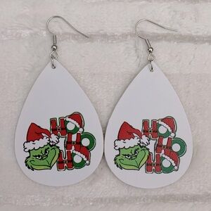 Christmas Grinch Ho Ho Ho White Earrings 2 1/2"